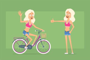 Çizgi film düz komik spor kadın karakter gömlek ve kot şort. Bisiklet süren ve işaret veren bir kız. Animasyon için hazır. Yeşil arka planda izole edilmiş. Vektör seti.