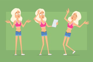 Çizgi film düz komik spor kadın karakter gömlek ve kot şort. Kız nota okuyor, yanlış anlaşılıyor ve bayılıyor. Animasyon için hazır. Yeşil arka planda izole edilmiş. Vektör seti.