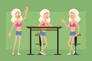 Çizgi film düz komik spor kadın karakter gömlek ve kot şort. Kız dinleniyor, sandalyeye oturuyor ve merhaba diyor. Animasyon için hazır. Yeşil arka planda izole edilmiş. Vektör seti.