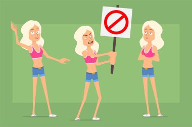 Çizgi film düz komik spor kadın karakter gömlek ve kot şort. Elinde dur işareti olmayan ve poz veren bir kız. Animasyon için hazır. Yeşil arka planda izole edilmiş. Vektör seti.