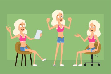 Çizgi film düz komik spor kadın karakter gömlek ve kot şort. Kız notu okuyor, kaslarını gösteriyor ve tamam işareti yapıyor. Animasyon için hazır. Yeşil arka planda izole edilmiş. Vektör seti.
