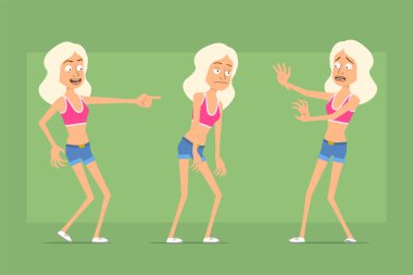 Çizgi film düz komik spor kadın karakter gömlek ve kot şort. Kız yürüyor, gülüyor ve jest yapıyor. Animasyon için hazır. Yeşil arka planda izole edilmiş. Vektör seti.