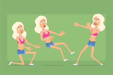 Çizgi film düz komik spor kadın karakter gömlek ve kot şort. Kız kavgası, diz çöküp baygınlık geçirmek. Animasyon için hazır. Yeşil arka planda izole edilmiş. Vektör seti.