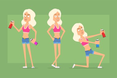 Cartoon flat funny sport woman character in shirt and jeans shorts. Girl posing and working with spray paint can. Ready for animation. Isolated on green background. Vector set.