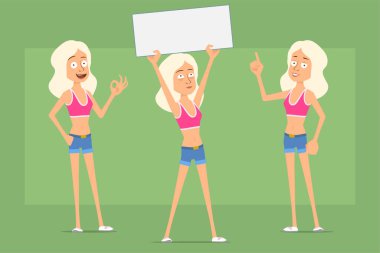 Çizgi film düz komik spor kadın karakter gömlek ve kot şort. Kız tamam ve dikkat işareti gösteriyor, mesaj için boş tabela tutuyor. Animasyon için hazır. Yeşil arka planda izole edilmiş. Vektör seti.