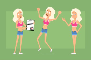 Çizgi film düz komik spor kadın karakter gömlek ve kot şort. Kız poz veriyor, zıplıyor ve liste tabletini gösteriyor. Animasyon için hazır. Yeşil arka planda izole edilmiş. Vektör seti.