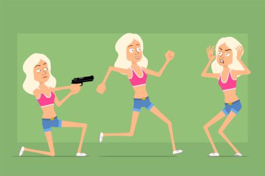 Çizgi film düz komik spor kadın karakter gömlek ve kot şort. Kız kızgın, tabancayla ateş ediyor ve kaçıyor. Animasyon için hazır. Yeşil arka planda izole edilmiş. Vektör seti.