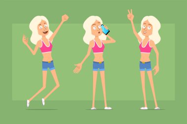 Çizgi film düz komik spor kadın karakter gömlek ve kot şort. Kız atlaması, telefonda konuşması ve barış işareti göstermesi. Animasyon için hazır. Yeşil arka planda izole edilmiş. Vektör seti.