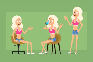 Çizgi film düz komik spor kadın karakter gömlek ve kot şort. Kız dinleniyor, telefonda konuşuyor ve işaret veriyor. Animasyon için hazır. Yeşil arka planda izole edilmiş. Vektör seti.