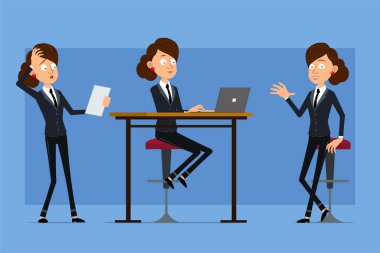 Cartoon flat funny business woman character in black suit with black tie. Girl working on laptop and reading paper note. Ready for animation. Isolated on blue background. Vector set.
