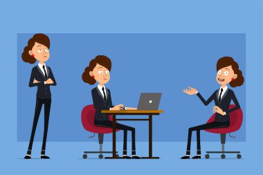 Cartoon flat funny business woman character in black suit with black tie. Girl posing, working on laptop and resting on chair. Ready for animation. Isolated on blue background. Vector set.