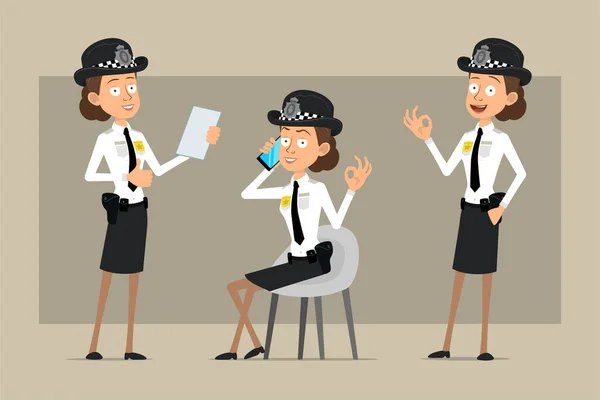Kreskówka Płaski Zabawny Brytyjski Policjant Postać Kobiety Czarnym Kapeluszu Mundur — Wektor stockowy