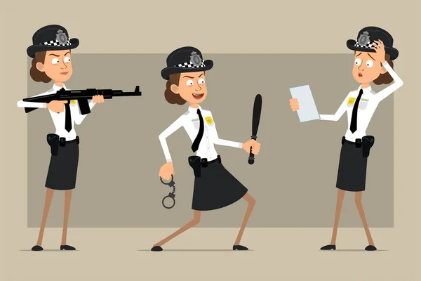头戴黑色帽子 身穿警徽制服的英国女警察形象 女孩拿着手铐用枪射击 准备好动画了被灰色背景隔离 矢量集 — 图库矢量图片