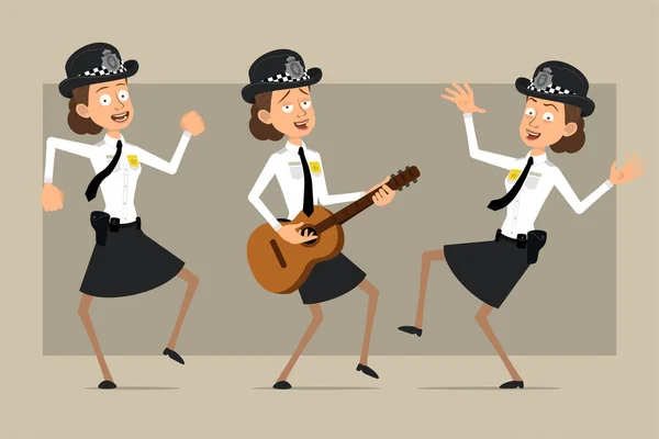 黒の帽子で漫画フラット面白い英国の警察官の女性の文字とバッジと制服 少女ジャンプ ダンス ギターで演奏 アニメーションの準備 灰色の背景に隔離されている ベクトルセット — ストックベクタ