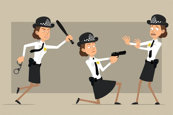 Cartoon Flat British Policeman Woman Character Black Hat Uniform Badge —  Vetores de Stock