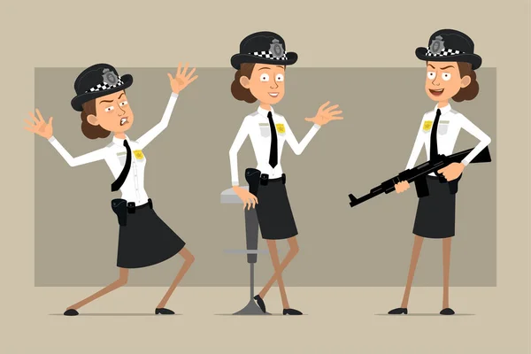 头戴黑色帽子 身穿警徽制服的英国女警察形象 女孩拿着来福枪 摆出一副照片准备好动画了被灰色背景隔离 矢量集 — 图库矢量图片