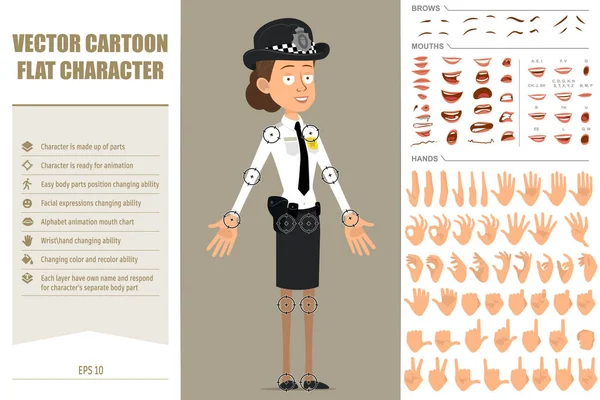 Cartoon Flat Funny British Policeman Woman Character Black Hat Uniform —  Vetores de Stock