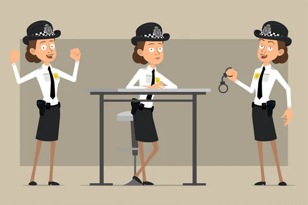 Cartoon Flat Funny British Policeman Woman Character Black Hat Uniform — стоковый вектор