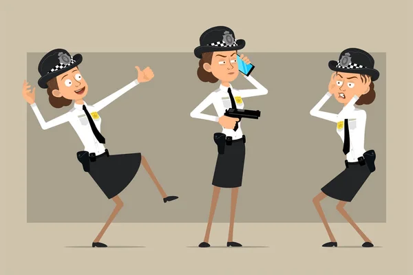 Cartoon Flat Funny British Policeman Woman Character Black Hat Uniform — Stok Vektör