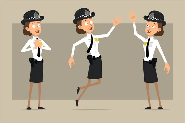 Cartoon Flat Funny British Policeman Woman Character Black Hat Uniform — Stock Vector