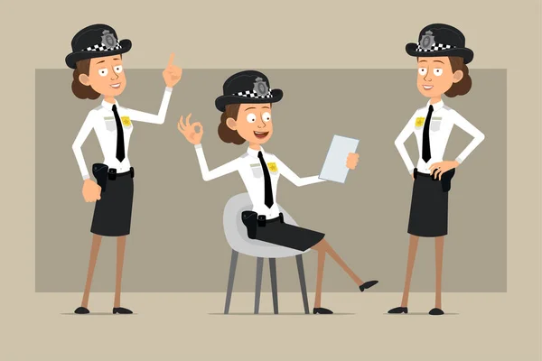Cartoon Flat Funny British Policeman Woman Character Black Hat Uniform — Stock Vector
