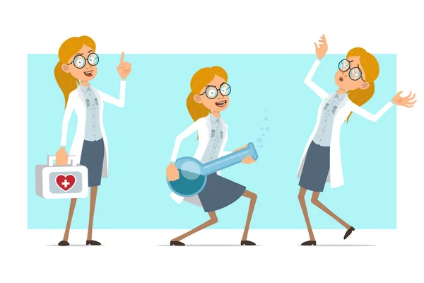 Cartoon Flat Funny Blonde Doctor Woman Character White Uniform Glasses — Stockový vektor