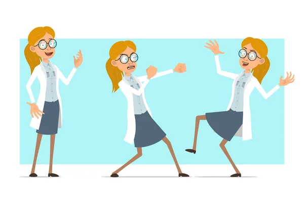 Cartoon Flat Funny Blonde Doctor Woman Character White Uniform Glasses — Stockový vektor