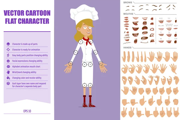 Cartoon Flat Funny Chef Cook Girl Character White Uniform Baker — Vetor de Stock