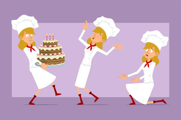 卡通平面有趣的厨师做饭的妇女角色身穿白色制服和烘焙帽 准备好动画了带着大生日蛋糕的女孩失去知觉了被紫色的背景隔离了矢量集 — 图库矢量图片