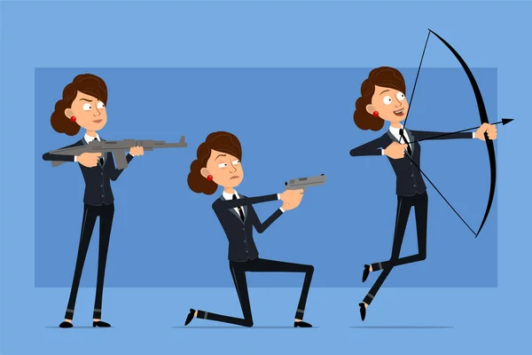 Cartoon Flat Funny Business Woman Character Black Suit Black Tie — Stok Vektör