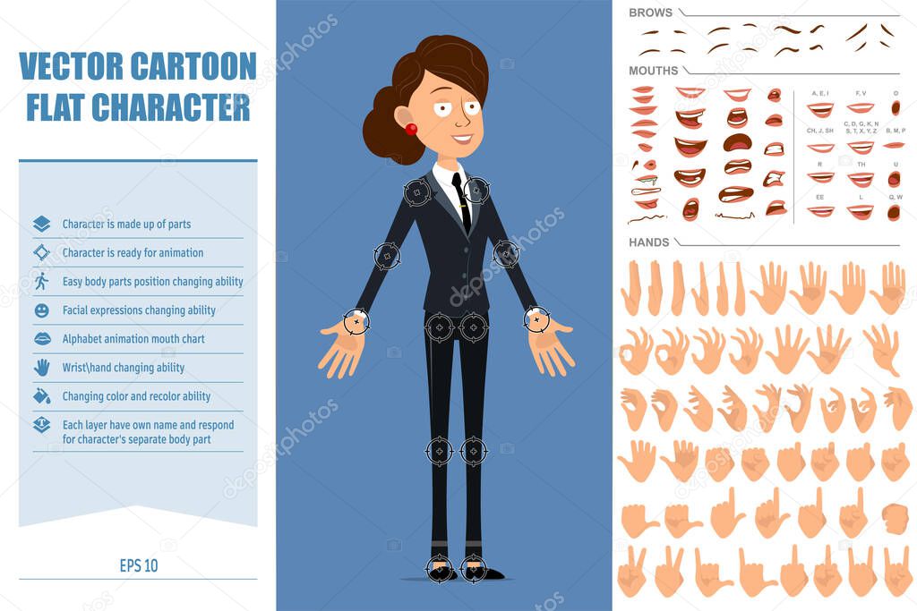 Cartoon flat funny business woman character in black suit with black tie. Ready for animation. Face expressions, eyes, brows, mouth and hands easy to edit. Isolated on blue background. Vector set.