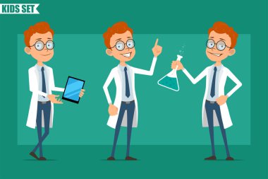 Çizgi film düz kızıl saçlı küçük doktor ya da üniformalı bilim adamı. Animasyon için hazır. Elinde tablet, kimyasal şişesi olan ve dikkat çeken bir çocuk. Yeşil arka planda izole edilmiş. Vektör seti.