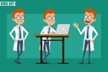 Çizgi film düz kızıl saçlı küçük doktor ya da üniformalı bilim adamı. Animasyon için hazır. Çocuk dizüstü bilgisayarda çalışıyor, poz veriyor ve işaret veriyor. Yeşil arka planda izole edilmiş. Vektör seti.