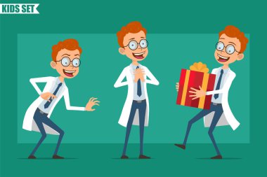 Çizgi film düz kızıl saçlı küçük doktor ya da üniformalı bilim adamı. Animasyon için hazır. Çocuk mutlu, gizlice tatil hediyesi taşıyor. Yeşil arka planda izole edilmiş. Vektör seti.