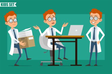 Çizgi film düz kızıl saçlı küçük doktor ya da üniformalı bilim adamı. Animasyon için hazır. Çocuk poz veriyor, evrak kutusu taşıyor ve dizüstü bilgisayarla çalışıyor. Yeşil arka planda izole edilmiş. Vektör seti.