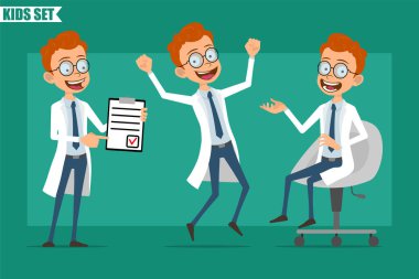 Çizgi film düz kızıl saçlı küçük doktor ya da üniformalı bilim adamı. Animasyon için hazır. Çocuk oturuyor, zıplıyor ve görev listesini gösteriyor. Yeşil arka planda izole edilmiş. Vektör seti.