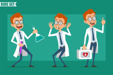 Çizgi film düz kızıl saçlı küçük doktor ya da üniformalı bilim adamı. Animasyon için hazır. İlk yardım çantası taşıyan ve elinde kimyasal şişesi olan bir çocuk. Yeşil arka planda izole edilmiş. Vektör seti.
