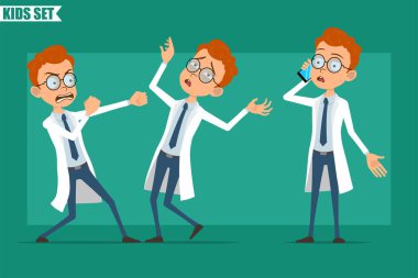 Çizgi film düz kızıl saçlı küçük doktor ya da üniformalı bilim adamı. Animasyon için hazır. Çocuk telefonda konuşuyor, kavga ediyor ve bilincini kaybediyor. Yeşil arka planda izole edilmiş. Vektör seti.