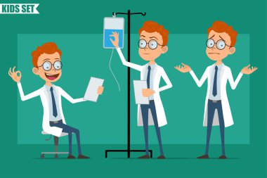 Çizgi film düz kızıl saçlı küçük doktor ya da üniformalı bilim adamı. Animasyon için hazır. Kağıt okuyan ve elinde tıbbi malzeme taşıyan bir çocuk. Yeşil arka planda izole edilmiş. Vektör seti.