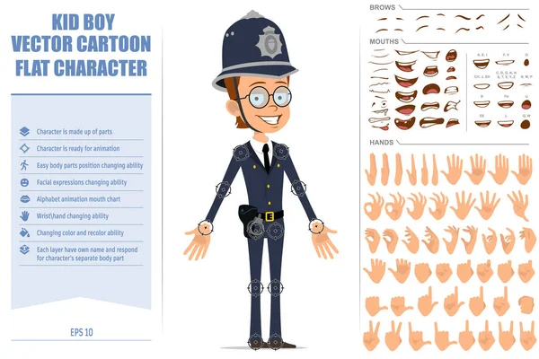 Caricatura Plana Divertida Policía Británica Personaje Chico Casco Uniforme Listo — Vector de stock