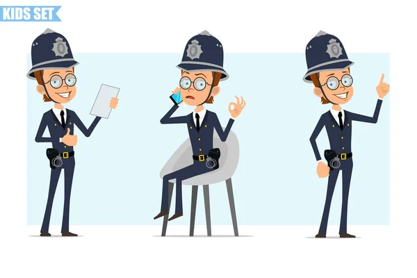 Cartoon Flat British Policeman Boy Character Helmet Glasses Uniform Ready — Stock Vector