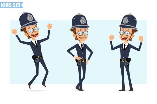 Cartoon Flat Funny British Policeman Boy Character Helmet Glasses Uniform — Stock Vector