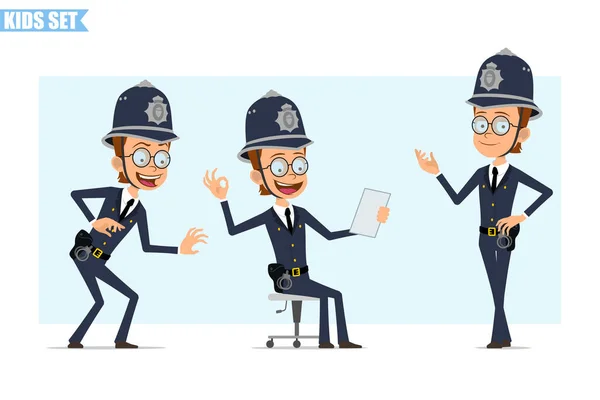 Cartoon Flat Funny British Policeman Boy Character Helmet Glasses Uniform — Stock Vector