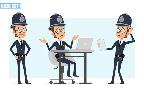 Cartoon Flat Funny British Policeman Boy Character Helmet Glasses Uniform — Stock Vector