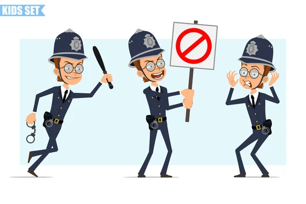 Desenhos Animados Plana Policial Britânico Personagem Menino Capacete Óculos Uniforme —  Vetores de Stock