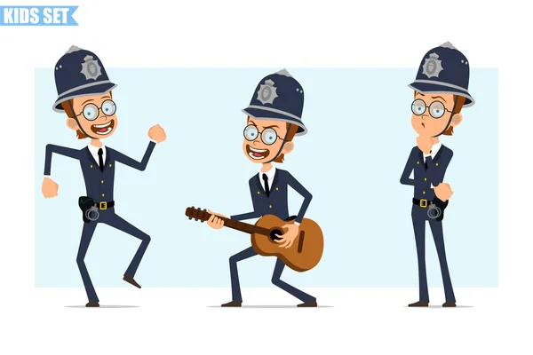 Cartoon Flat Funny British Policeman Boy Character Helmet Glasses Uniform — Stock Vector