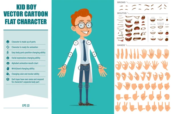 Çizgi film düz komik kızıl saçlı, üniformalı doktor çocuk. Canlandırmaya hazırız. Yüz ifadeleri, gözler, kaşlar, ağız ve elleri düzenlemek kolay. Yeşil arka planda izole edilmiş. Büyük vektör kümesi.