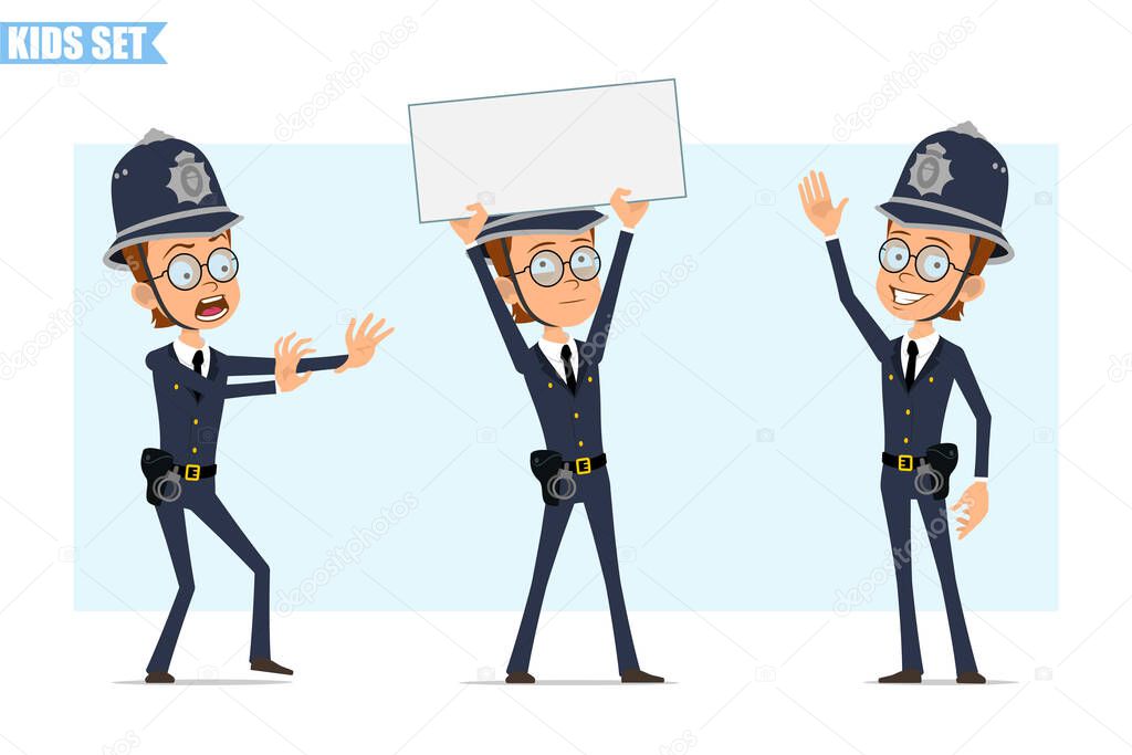 Cartoon flat british policeman boy character in helmet, glasses and uniform. Ready for animation. Kid holding blank paper sign and showing stop gesture. Isolated on blue background. Vector icon set.
