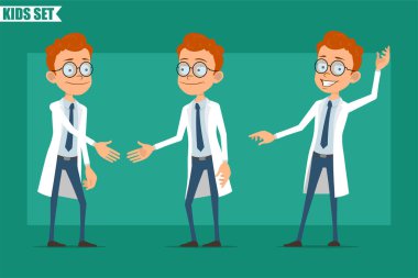 Çizgi film düz kızıl saçlı küçük doktor ya da üniformalı bilim adamı. Animasyon için hazır. Merhaba jesti yapan ve arkadaşıyla tokalaşan bir çocuk. Yeşil arka planda izole edilmiş. Vektör seti.