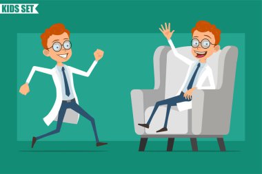 Çizgi film düz kızıl saçlı küçük doktor ya da üniformalı bilim adamı. Animasyon için hazır. Çocuk koşuyor, merhaba işareti yapıyor ve kanepede dinleniyor. Yeşil arka planda izole edilmiş. Vektör seti.